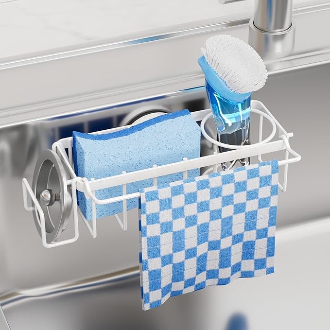 TAILI 4-in-1 Sink Caddy with Strong Suction Cup, Sponge Holder for Kitchen Sink Organizer, Removable, Rustproof, Stainless Steel Holder for Sponge, Brush, Scrubber, Scraper - White