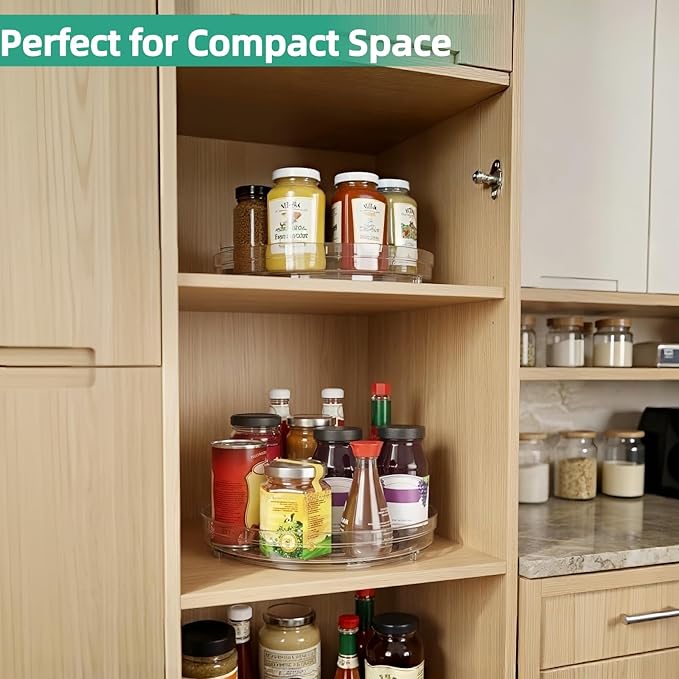 Optish 2 Pack Lazy Susan Organizer, 10.7" Lazy Susan Turntable for Cabinet, Spice Organization for Cabinet, Refrigerator, Pantry, Closet, Countertop, Non-Skid Turntable Organizer, Clear
