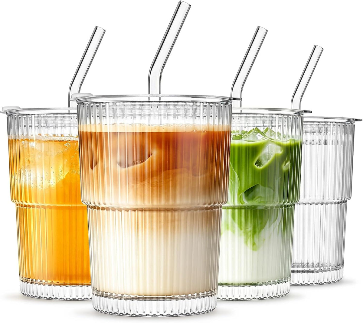 13oz Glass Tumbler with Lid and Straw 4 Pack - Ribbed Glass Cup Iced Coffee Glasses, Clear Leakproof Tumbler Cup for Smoothies, Iced Latte,Matcha, Cold Drinks