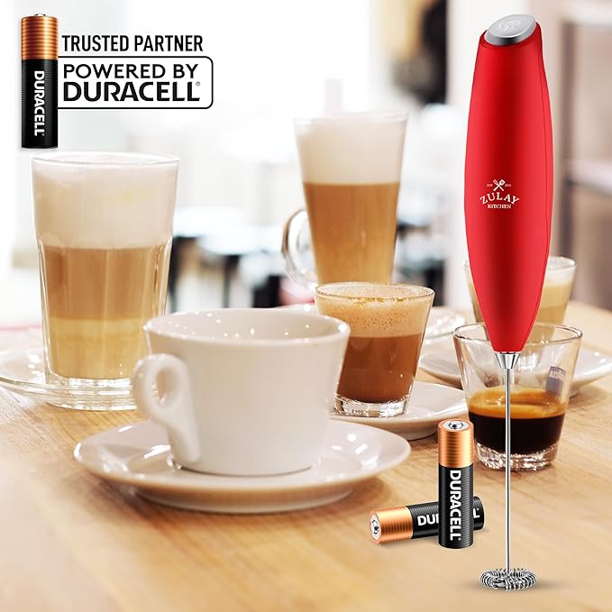 Zulay Kitchen Milk Frother Handheld Electric Whisk with AA Duracell Batteries – Durable Drink Mixer for Coffee, Lattes, Cappuccinos & More - Red