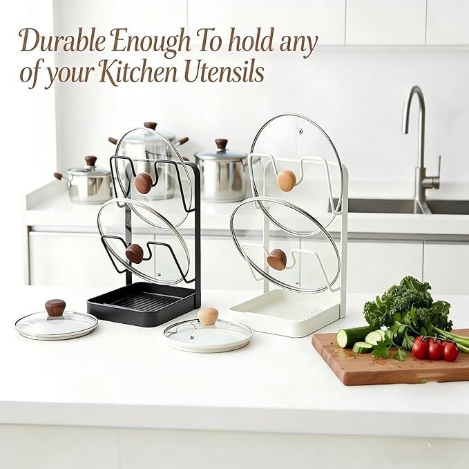 2 Tier Pan Lid Organizer for Kitchen Storage, Stainless Steel Pot Lid Holder Rack for Countertop, Multifunctional Pots and Pans Cover Organizers for Stove Top (Silver