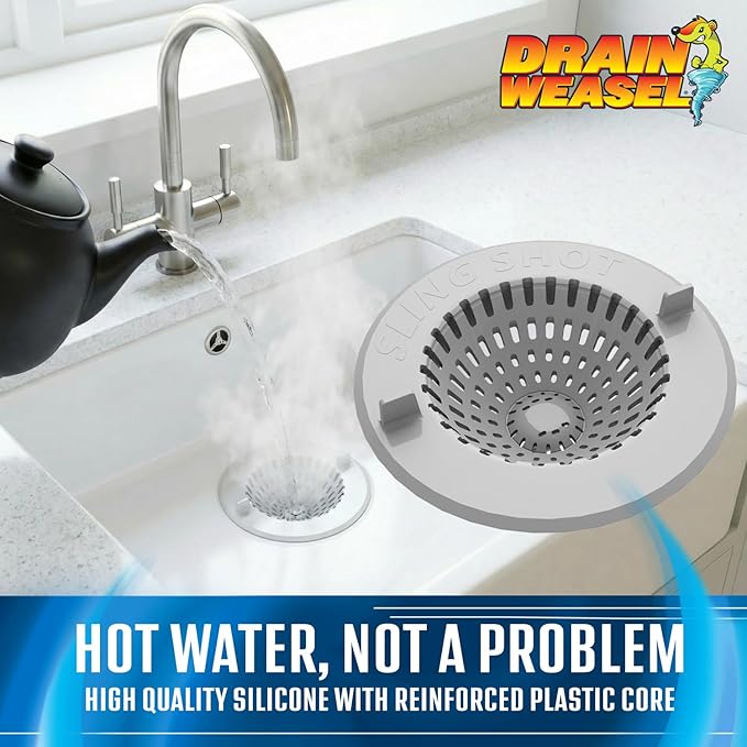 Drain Weasel Slingshot Kitchen Sink Drain Strainer Cover Basket, Food Catcher and Stopper, Screen Filter, Dishwasher Safe, Silicone and Plastic, 2 Pack