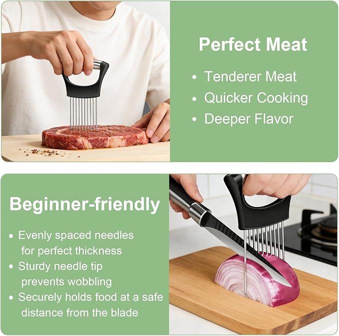 Stainless Steel Onion Holder for Slicing & Crinkle Cutter - Onion Slicer Holder, French Fry Cutter, Vegetable Cutter for Potatoes, Lemon, Tomatoes - Multi-Use Kitchen Gadgets with Ergonomic Handle
