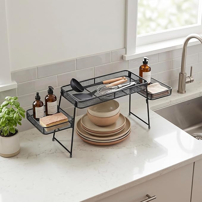 MyGift Over the Sink Shelf Black Metal Organizer Rack, 3 Tiered Bathroom or Kitchen Sink Storage Display Caddy