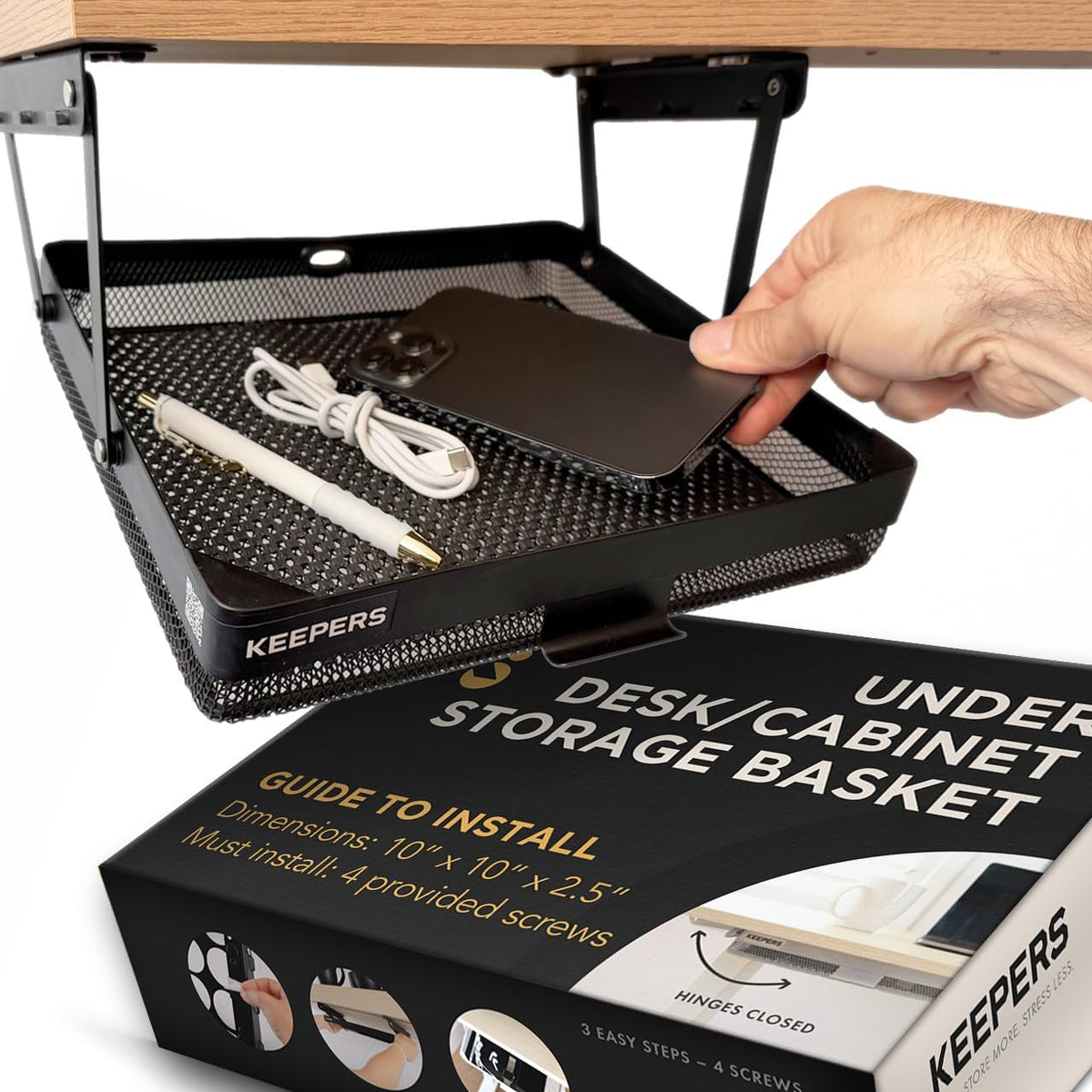 KEEPERS Anything Keeper – Compact 11x10 in Under Cabinet Pull-Down Basket, Hidden Steel Organizer for K-Cups, Spices & Small Items, Magnetic Close, Kitchen RV Desk – Black