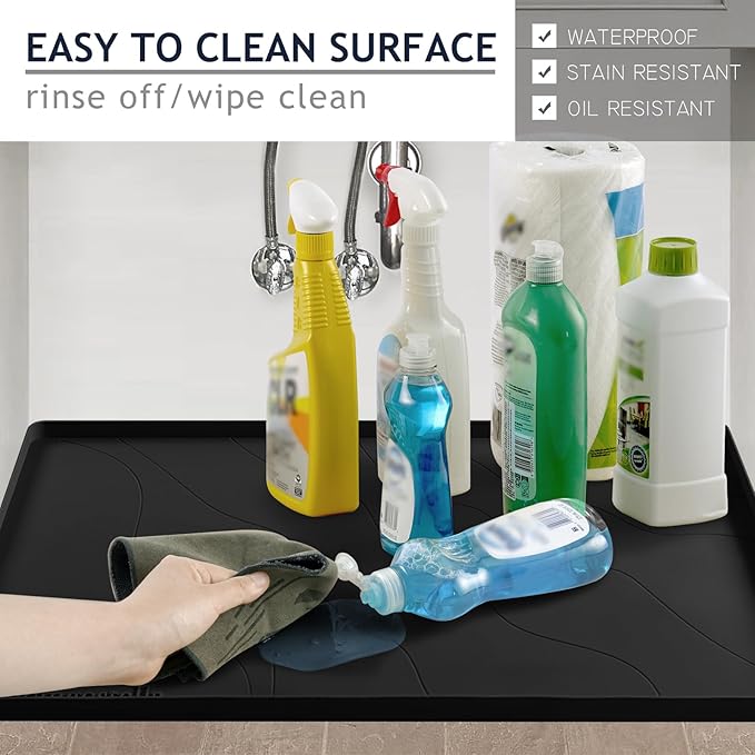 Premium Under Sink Mats for Kitchen Waterproof 34" x 22", Extra Thick Non-Slip Silicone Under Sink Liner Drip Tray, Raised Edge Under Sink Cabinet Mat ,Prevent Drips, Leaks, Spills,Black
