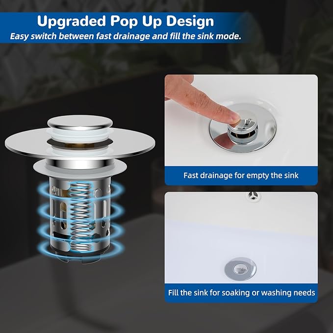 Hibbent 4 Pack Upgraded 3 in 1 Bathroom Sink Drain Strainer, Universal Pop Up Stopper with Removable Stainless Steel Filter Basket Hair Catcher, Sink Plug for 1.1''~2.36'' Basin, Brass Core, Chrome