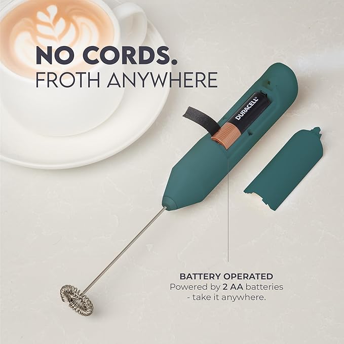 Zulay Kitchen Powerful Milk Frother AA Batteries Included – Ultra Fast Handheld Drink Mixer with Stainless Steel Whisk Stirrer for Coffee, Protein, Matcha & More, Frother Wand Electric Frothmate Green