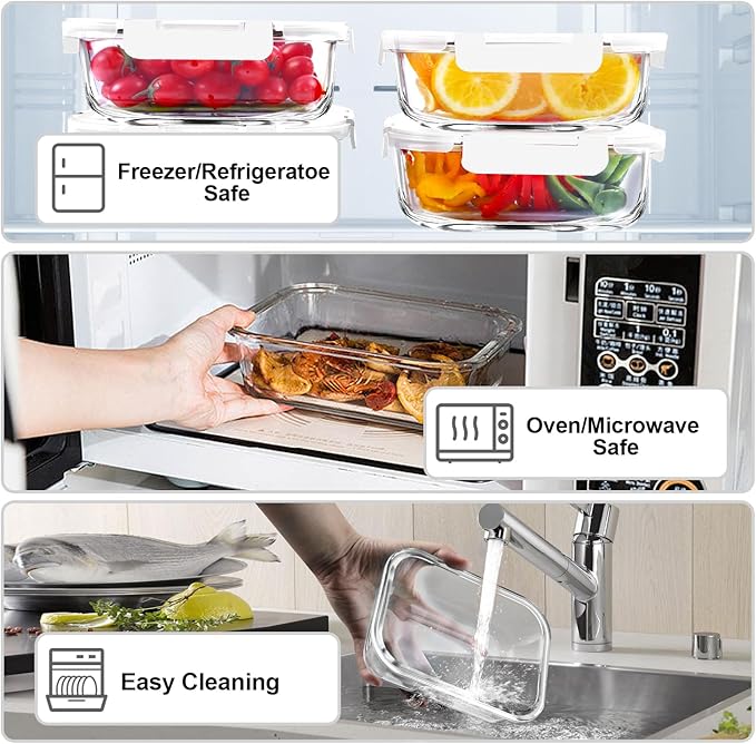 5 Pack 36 OZ Glass Meal Prep Containers, White