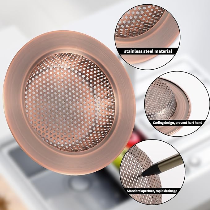 RQYEKDO Kitchen Sink Strainers Sink Stopper Kits, Stainless Steel Sink Drain Strainer Set, Large Wide Rim 4.4" Diameter Food Catcher Garbage Disposal Plug for Most Sink Drains Basket Filter (Copper)