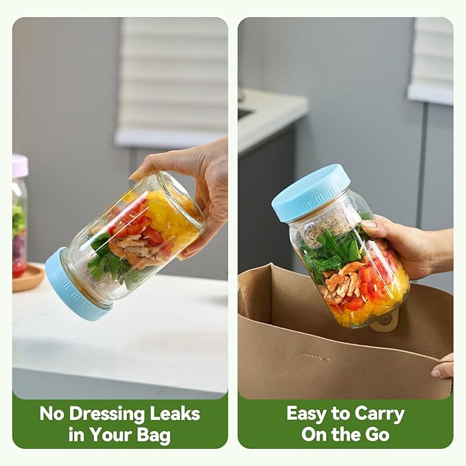4 Pack Glass Salad Pod Mason Jar with Dressing Cup, 32 oz Salad Container to Go with Lids Meal Food Prep for Adults Lunch, Large Travel Mason Jar Bowl with 2 Insert Dressing & Topping Holder