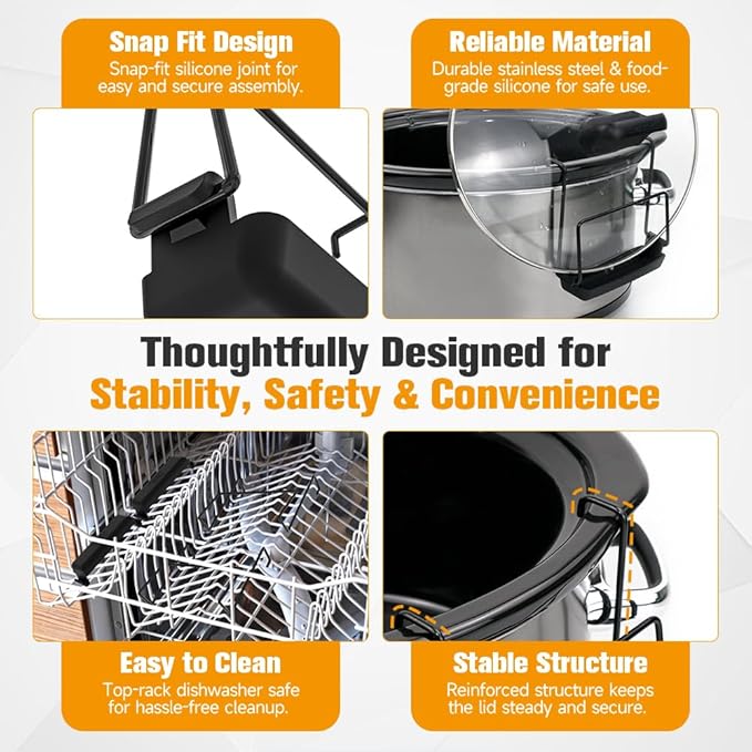 SOPHICO Slow Cooker Lid Holder for Cooking, Hand Free Pot Lid Organizer, Stainless Steel Rack with Silicone Sink, Fits Most Slow Cookers, Keeps Countertop No Mess (Black, 2 Pack)