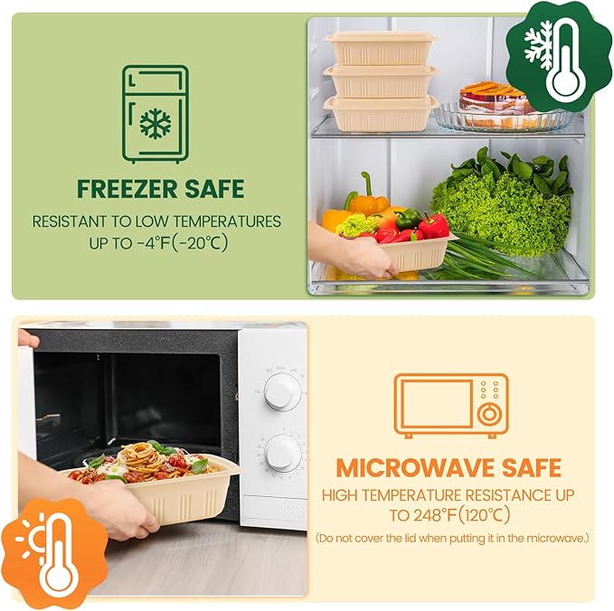 50 Pack (100 Piece) Food Containers with Lids, 22oz Meal Prep Containers Reusable Plant-based Cornstarch Lunch Box BPA Free Small Disposable Take Out Togo Boxes for Salad Microwave & Freezer Safe