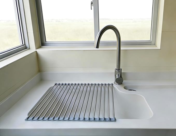 Roll Up Dish Drying Rack, Stainless Steel and Silicone Dish Drying Mat Over The Sink Foldable Drain Rack Multipurpose Dish Drainer for Kitchen, 14.5” x 14”, Gray