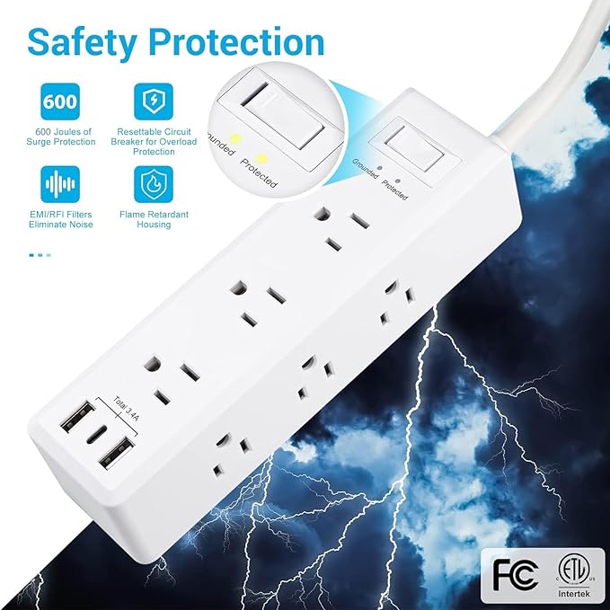 Clear Power 9-Outlet Surge Protector Power Strip with 3 USB Ports(1 USB-C), 5ft Power Cord, Flat Plug, Multi Outlets on 3 Sides, Desktop Charging Station, White, DC3S-1109-DC