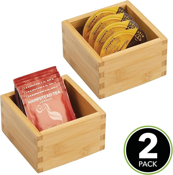 mDesign Bamboo Storage Bin Container, Drawer Organizer Crate Boxes for Kitchen Pantry Cabinet, Shelf, Island or Countertop, Holds Snacks, Spices, or Drinks, Echo Collection, 2 Pack, Natural/Tan