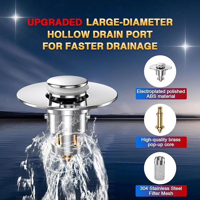 Bathroom Sink Drain Strainer, Pop Up Sink Drain Filter with Removable Stainless Steel Filter Basket Hair Catcher, Bathroom Sink Drain Stopper, for Us Bathroom Sink Stopper Replacement (3pcs)