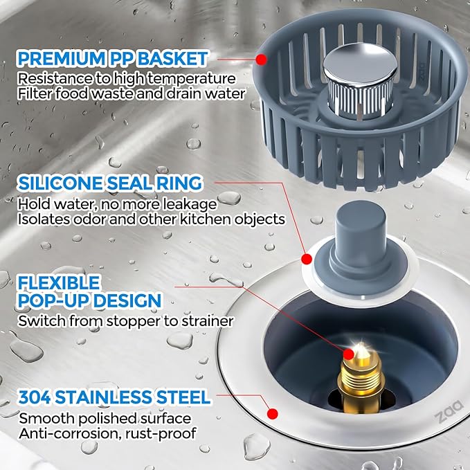 Sink Drain Strainer - Sink Stopper Kitchen Drain, 3 in 1 Kitchen Sink Drain Strainer with Anti-Clogging Basket, Kitchen Gadgets Clearance Sink Accessories, Fit US Standard 3-1/2'' Sink Hole, Silver