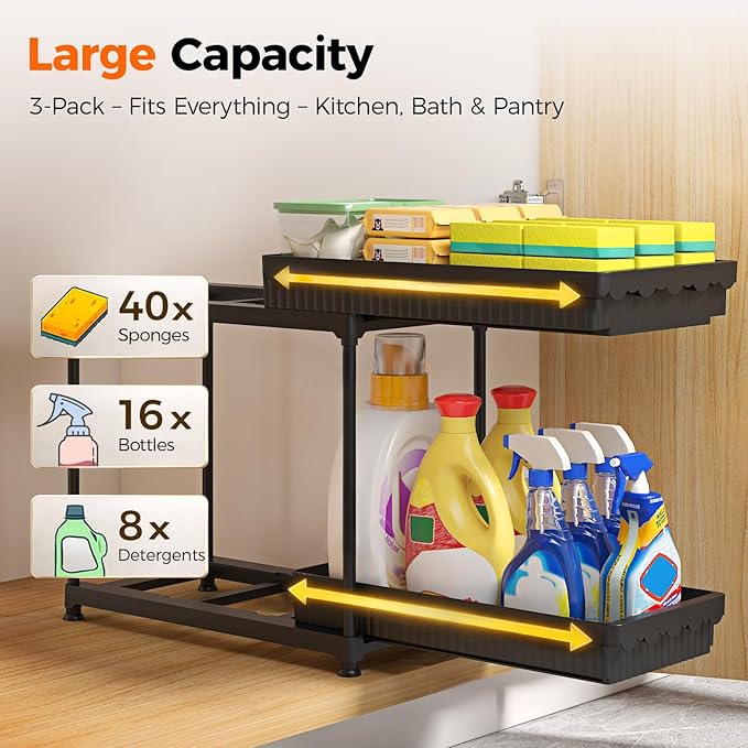 Sevenblue 3 Pack Under Sink Organizer, 2 Tier Slide Out Bathroom Cabinet Organizer, Multi-Purpose Storage Shelf for Kitchen, Black, 14.8Inch