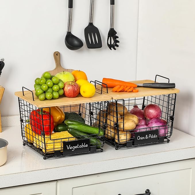2 Set Large Stackable Wire Basket with Bamboo Tops & Tag- Pantry Organizer