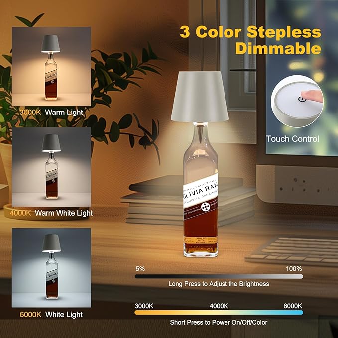 Wireless Bottle Lamp, 2026 New 3 Color Rechargeable Led Wine Bottle Lights for Bars Restaurants (Gray, 1PC)
