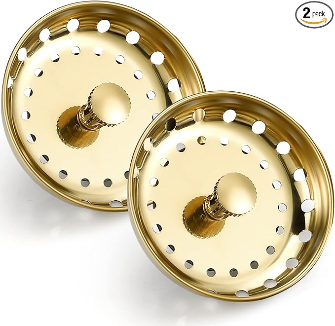 Retisee 2 Pcs Kitchen Sink Stopper Strainer Stainless Steel Drain Strainers for Universal 3-1/2 Inch Kitchen Sink Drain Replacement(Gold)