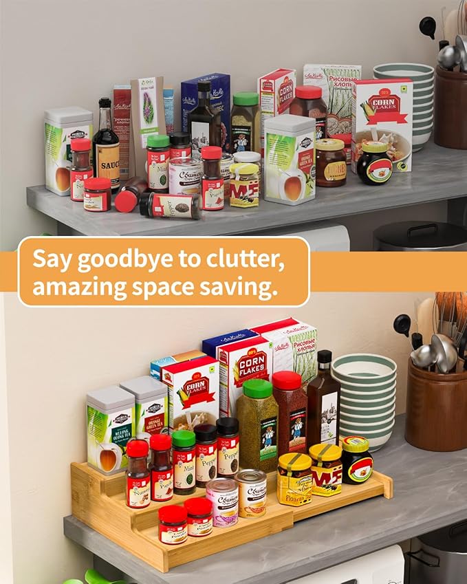 VenDotbi Spice Rack, 3-Tier Expandable Bamboo Spice Rack Organizer for Cabinet - Kitchen, Pantry and Cupboard Storage Organizer