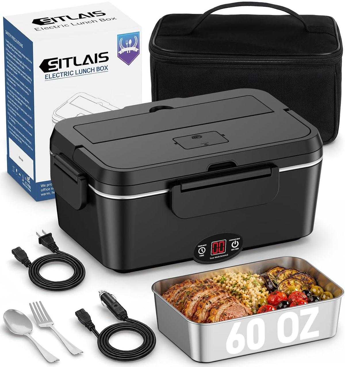 1.8L Heated Lunch Box with Timer, Auto Shut-Off Electric Lunch Box