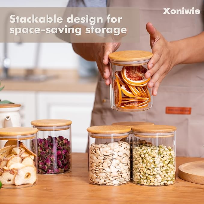 6-Pack 1Qt Round Glass Storage Jars with Bamboo Lids, Pantry Storage Containers for Neat Organization, Ideal for Minimalist Kitchen Organizer, Nut, Coffee Beans, Oats, Cookie, Candy, Tea
