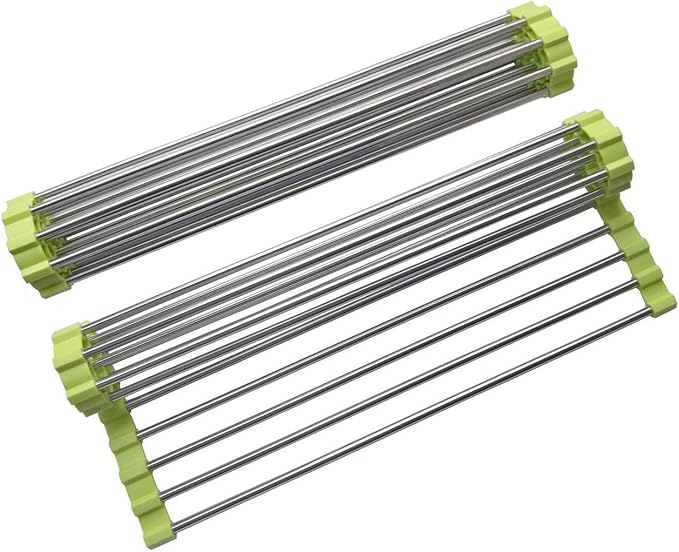 Roll Up Dish Drying Rack, Stainless Steel and Silicone Dish Drying Mat Over The Sink Foldable Drain Rack Multipurpose Dish Drainer for Kitchen, 14.5” x 14”, Green