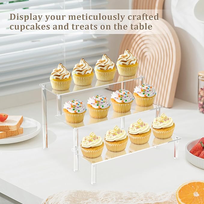 Acrylic Riser Clear Display Stand Cologne Organizer Acrylic Shelves 3 Tier Shelf for Amiibo Funko Figures Toys Cupcake Food Desserts Perfume Collection (3 PACKS)