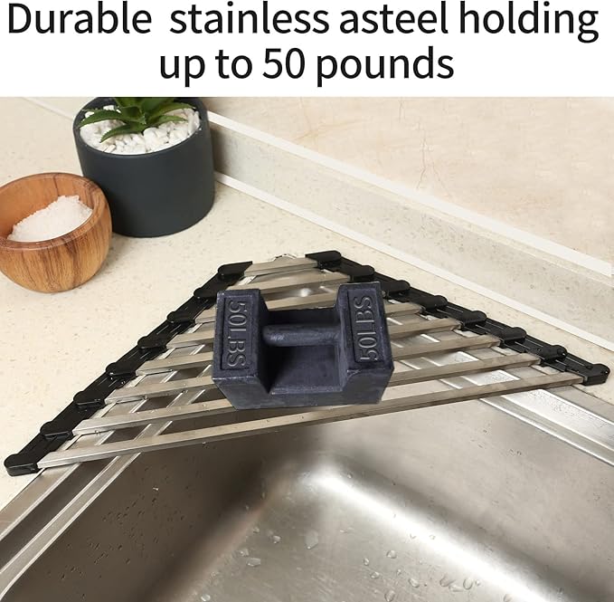 Triangle Dish Drying Rack for Sink Corner Roll Up Dish Drying Rack Folding Stainless Steel Multipurpose Over the Sink Corner Dish Drainer Mat for Kitchen (Hard and Stable Black)