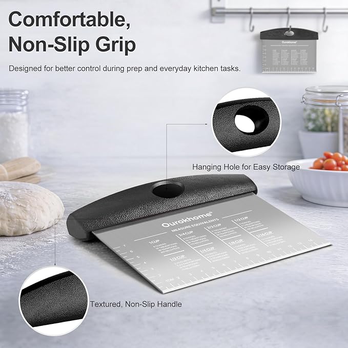 Ourokhome 2 Pack Bench Scraper Dough Cutter, Stainless Steel Dough Scraper with Laser-Etched Scale, Conversion Chart, Non-Slip Handle, Dishwasher Safe for Bread & Pastry, Black