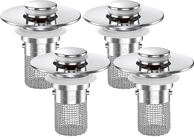Bathroom Sink Drain Strainer,(4PCS) Pop-up Sink Drain Strainer with Removable Stainless Steel Strainer Basket Hair Catcher, Bathroom Sink Strainer for Bathroom Sink Stopper Replacement