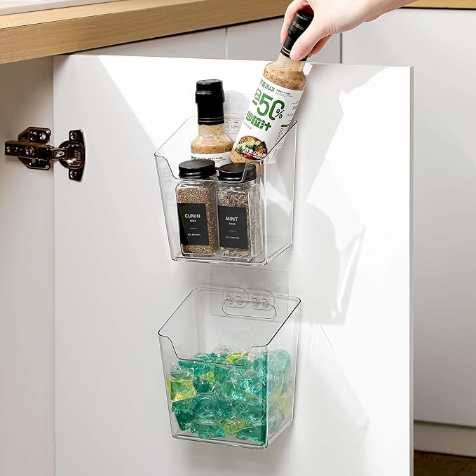 2-Pack Kitchen Cabinet Door Organizer Adhesive, Hanging Storage Bins, Stick on Small Wall Storage Container, Bathroom Floating Shelf Under Sink Caddy Spice Rack for Pantry Organizer, Office, Dorm