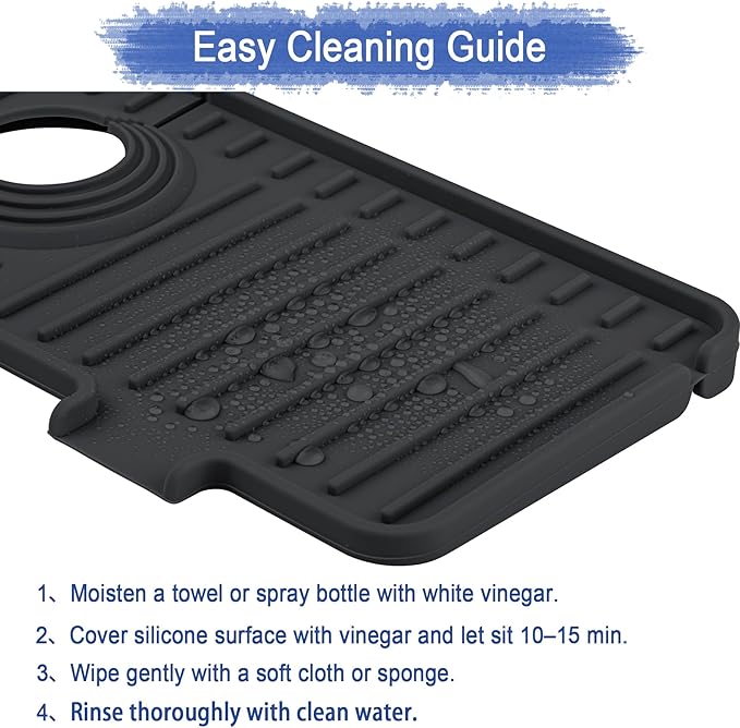 Amerner Kitchen Sink Splash Guard, 10° Large Slope & Adaptable Hole Faucet Mat for Kitchen Sink, Silicone Sink Organizer Sponge Holder for Kitchen, Bathroom, RV, Bar, 14.2” x 5.1”, Black