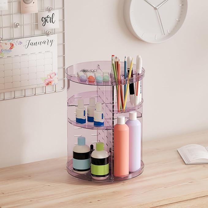 Rotating Makeup Organizer, DIY 8 Adjustable Layers Spinning Skincare Storage, Cosmetic Display Case with Brush Holder and Perfume Tray, Multi-Function Vanity Bathroom Countertop Organizer Clear Purple