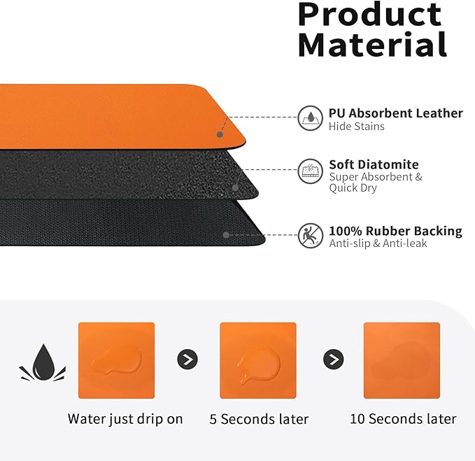 HotLive Dish Drying Mat for Kitchen Counter, Heat Resistant Drainer Mats with Non-slip Rubber Backed, Hide Stain Kitchen Super Absorbent Draining Mat, Easy to Clean Dish Rack Pad, Orange 18"x28"