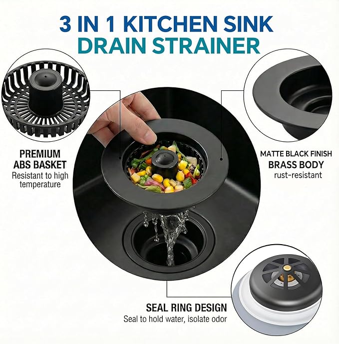 Kitchen Sink Stopper, 3 in 1 Pop Up Kitchen Sink Drain Strainer, with an Extra Basket Strainer, Sink Drain Stopper for US Standard 3-1/2 Inch, Brass Material Electroplate (Black 2pcs)