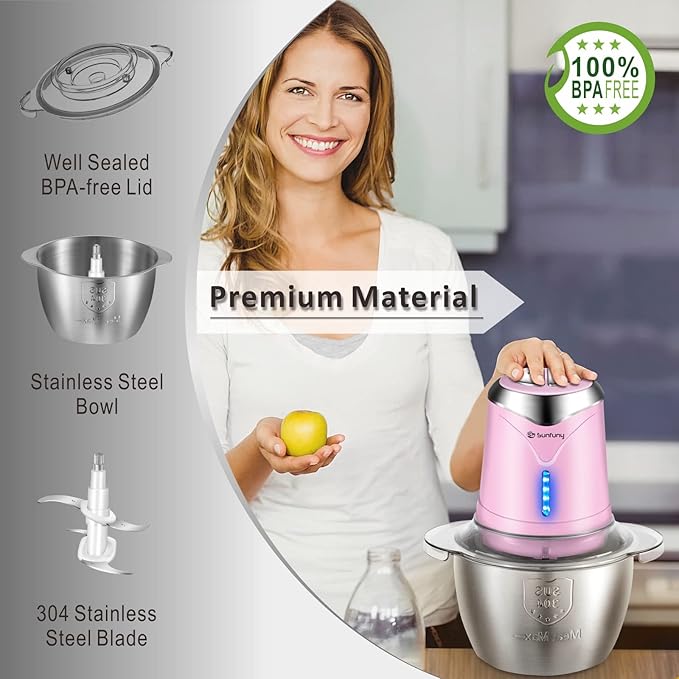 Food Processor Cordless Meat Garlic Chopper with 5 Cup Stainless Steel Bowl, 6000mAh USB Rechargeable Electric Vegetable Chopper BPA-free Baby Food Processor Blender Mini Kitchen Mixer, 4 Blades(Pink)