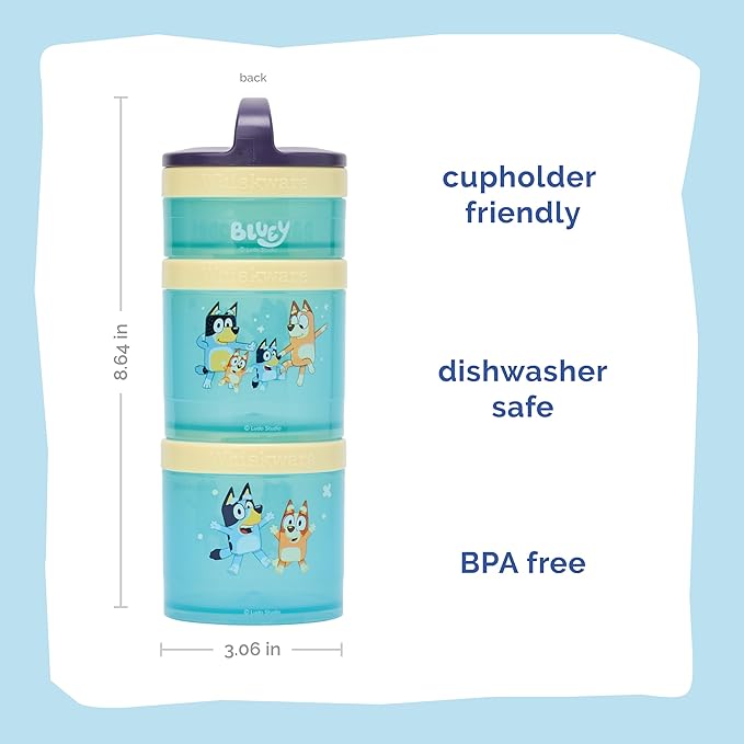 Whiskware Bluey Stackable Snack Containers for Babies, Toddlers, and Kids, 3 Stackable Snack Cups for School and Travel, Cupholder Friendly, Bluey, Bingo, Bandit Heeler, and Chilli, Dance Mode!