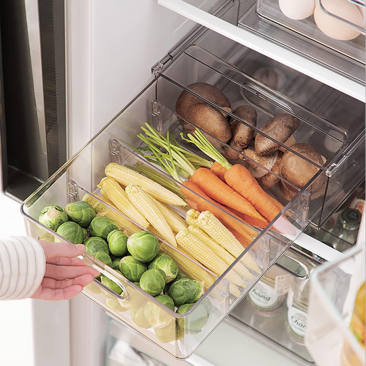 Refrigerator Organizer Bin with Pull-out Drawer, Large Fridge Organizer and Storage Clear, Stackable Pantry Organizer with Handle, BPA Free, 1 Pack, 6.34QT