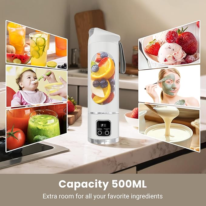 Portable Blender Personal Electric USB | 500ml Portable Juicer for Shakes and Smoothies | Small Blender for Mixing | Compact Convenient Versatile Kitchen Small Appliance for Home (White)