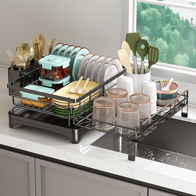 NETEL Dish Rack, Extendable Dish Drying Rack, Dish Drainer for Kitchen Counter, Dish Strainer with Utensil Holder, Over The Sink Dish Drying Rack with Automatic Drainage System