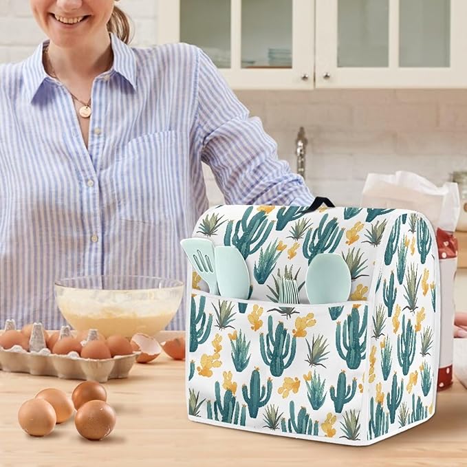 Green Cactus Pattern Mixer Dust Cover Universal Fit 4.5-5 Qt, Anti-Fingerprint & Easy Clean Cover with Handle & Accessory Pocket, Modern Kitchen Counter Decor Housewarming Gifts