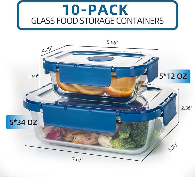Glass Food Storage Containers 10 Pack, Meal Prep Containers with Snap Locking Lids Airtight Built in Air Vents, Glass Lunch Containers, Microwave/Dishwasher Safe, Navy Blue