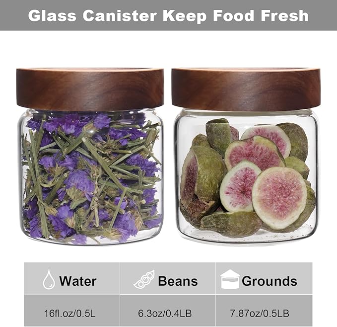 16 oz Glass Jars with Acacia Wood Airtight Lids Spice Jar Herb Storage Canister with Wooden Lid Clear Glass Food Jar for Sugar Pantry Tea Coffee Bean Spice Cookies (500ml/16oz-2pack)