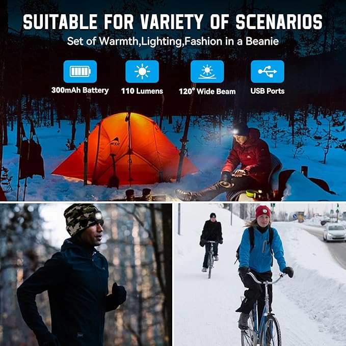 Beanie Hats with Light, USB Rechargeable LED Hand Free Headlamp, Ideal for Camping, Hiking, Fathers Day Dad Gifts, Birthday Gifts for Husband, Dad, Men, 1 Pack, Camouflage