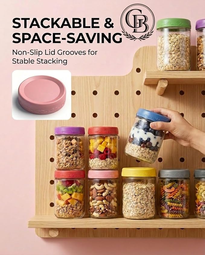 16 OZ 4Pack, Overnight Oats Jars with Lids, Glass Meal Prep Containers, Airtight Mason Jars for Breakfast, Yogurt Parfait, Salad & Smoothies, Leakproof and Reusable Food Storage Jars(4-2)