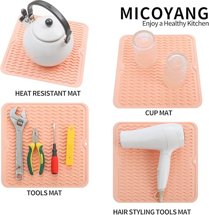 MicoYang Silicone Dish Drying Mat for Multiple Usage,Easy clean,Eco-friendly,Heat-resistant Silicone Mat for Kitchen Counter or Sink,Refrigerator or Drawer liner Pink M 12 inches x 12 inches